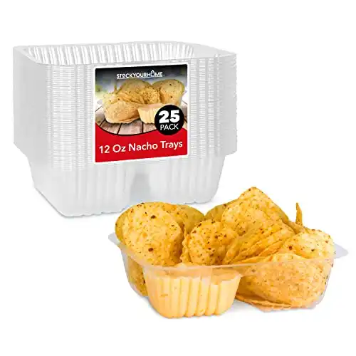 12oz Plastic Nacho Trays (25 Pack) Small Disposable Tray for Nachos & Cheese Dip, Concession Stand Supplies, Movie Night Snacks for Kids, Carnival Party Decorations, Food Boats, Snack Containers