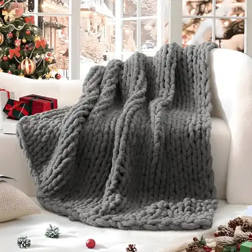 WRENSONGE Chunky Knit Blanket, Dark Grey Large Chunky Knit Throw Blanket for Couch, Bed, 100% Hand Chenille Knitted Throw Blanket, Soft Fluffy Cable Knit Crochet Blanket, 40"x40" Chunky Blan...