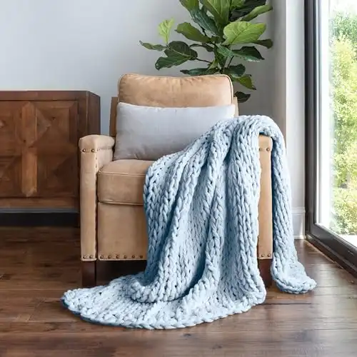 Linen Market Beddings Oversized Chunky Knit Throw Blanket-100% Ultra-Soft Acrylic Hypoallergenic - 47'' x 59'' Cozy Home Accent for Snuggling, Lounging, and Stylish Décor (Light B...