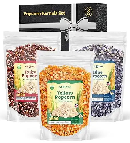 Popcorn Kernels, 3 lb. Pack of 3 Premium Red, Yellow, and Blue Gourmet Popcorn Bulk Popcorn Kernels For Popcorn Machine, Heirloom Popcorn Kernels For Popping, Movie Night Popcorn Gift Set
