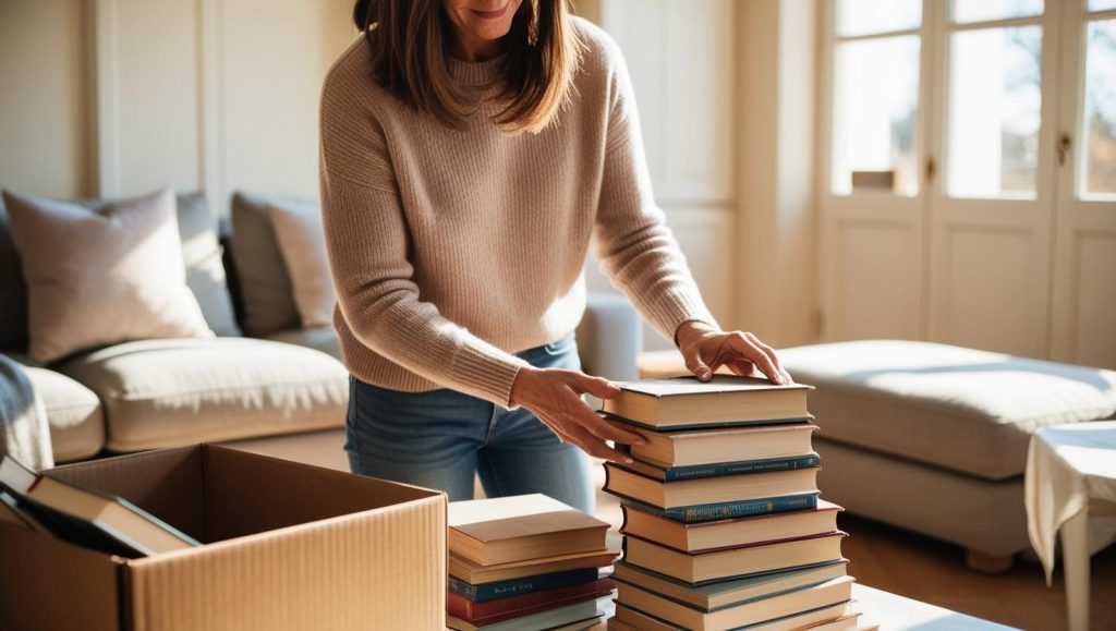 a woman decluttering books 