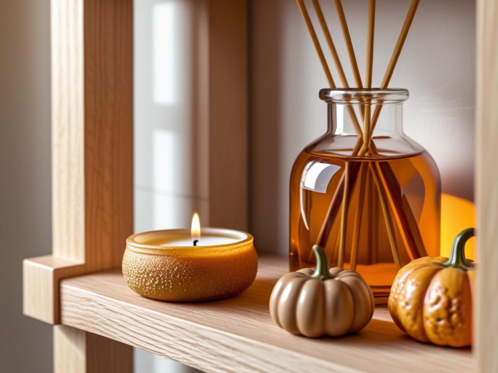 A bathroom shelf with a small harvest colored candle, a jar diffuser, and a mini pumpkin