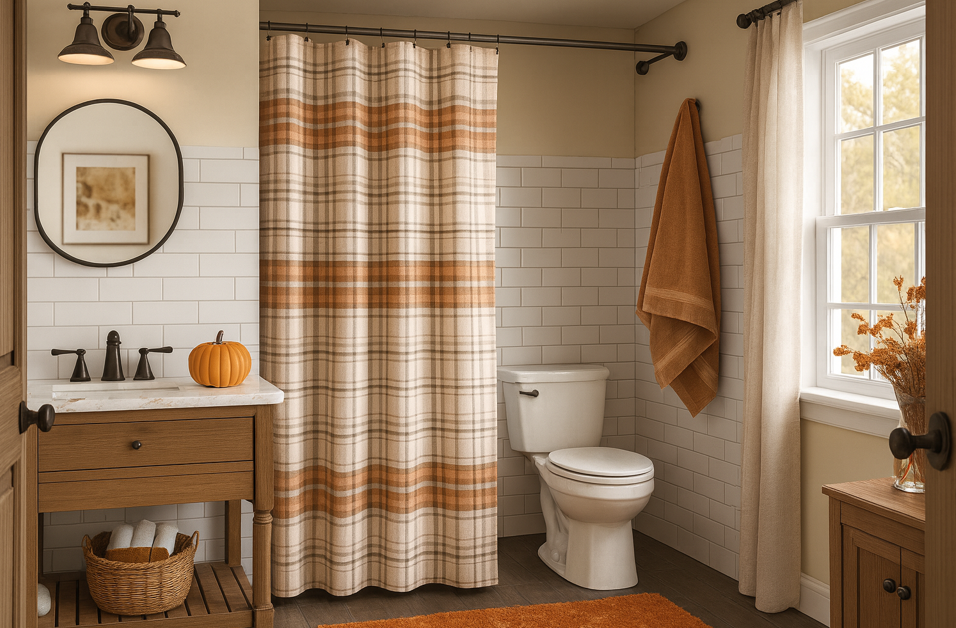 A simple farmhouse bathroom decorated for autumn. Features a plaid showercurtain, textured pumpkin colored rugs and various pieces of autumn inspired decor. 