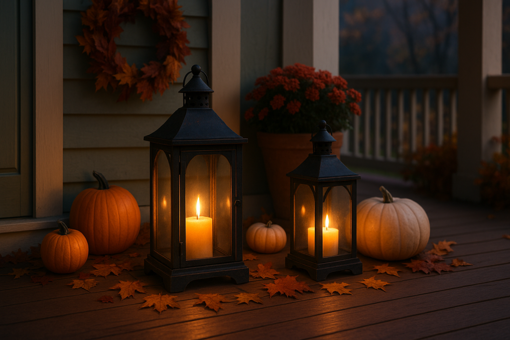 Cozy lantern porch décor for fall on a budget.