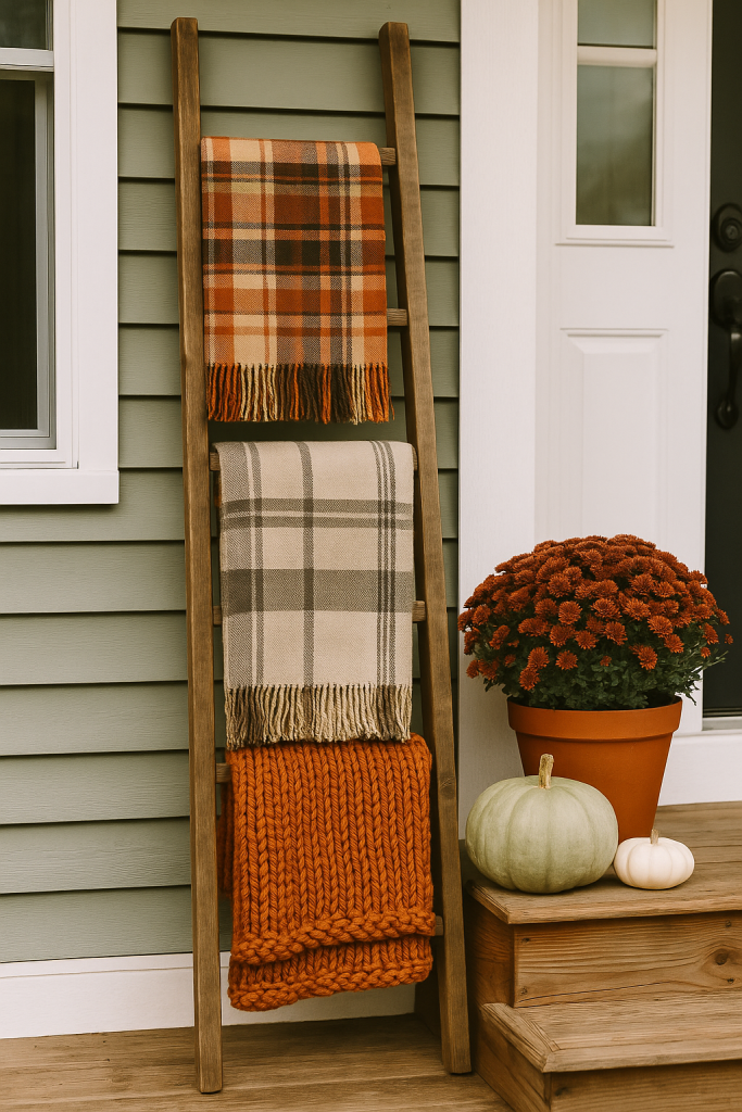 Rustic Blanket Ladder for fall porch decor 