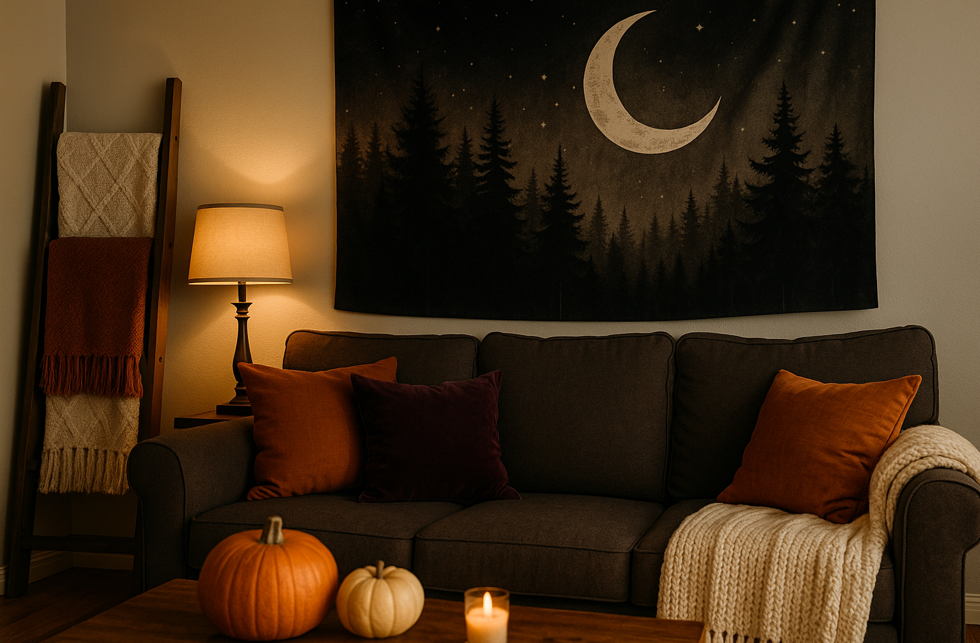 Cozy autumn living room with a charcoal gray sofa, burnt orange and plum pillows, and a chunky knit throw. A blanket ladder with folded throws stands beside a glowing lamp, while a dark tapestry featuring a crescent moon over a pine forest hangs above. Pumpkins and a lit candle on the coffee table complete the warm, witchy atmosphere.