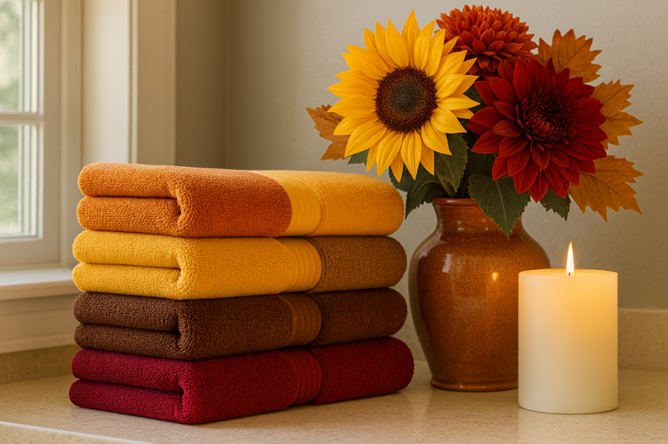 A bathroom counter styled for fall with a neatly stacked set of towels in burnt orange, sunflower yellow, brown, and deep burgundy. Beside the towels, a ceramic vase holds autumn florals including a large sunflower and burgundy blooms. A lit pillar candle adds a warm, cozy glow to the autumn-inspired scene.