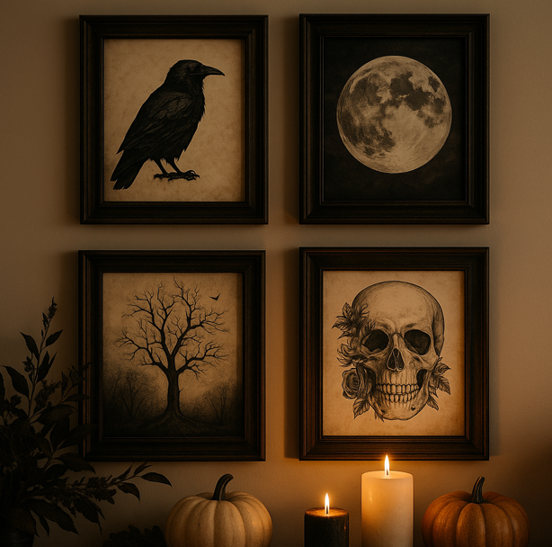Haunting Halloween gallery wall with four framed vintage-style prints: a raven, a full moon, a bare twisted tree, and a skull adorned with flowers. The display is lit by candles with pumpkins and dark foliage beneath, creating an eerie yet cozy atmosphere. This balances keywords (Halloween gallery wall, vintage-style prints, haunting decor) with