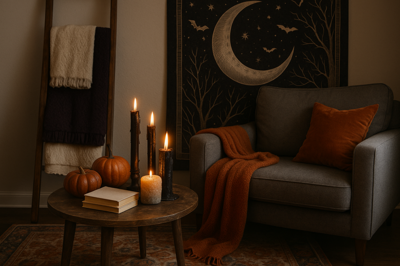 Cozy autumn reading nook featuring a charcoal armchair with a burnt orange knit throw, a small side table stacked with books and a lit candle, and a glowing floor lamp. A framed moonlit forest print hangs above the chair, while mini pumpkins and soft textures create a warm, spooky-chic atmosphere.