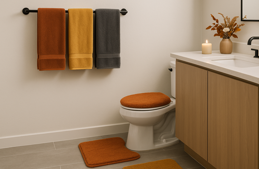 A cozy modern bathroom styled for fall with folded towels in burnt orange, mustard, and charcoal hanging on a black towel bar. The toilet has a burnt orange seat cover with a matching rug on the floor. A wooden vanity with a white countertop holds a lit candle and a vase of dried autumn flowers, creating a warm seasonal atmosphere.