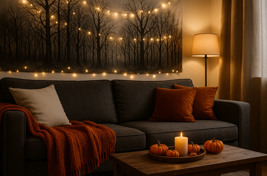 Cozy living room decorated for Halloween with a dark tapestry of leafless black forest trees hanging on the wall. A couch sits beneath glowing string lights, surrounded by soft autumn textures and spooky-chic accents, creating a moody yet inviting atmosphere.