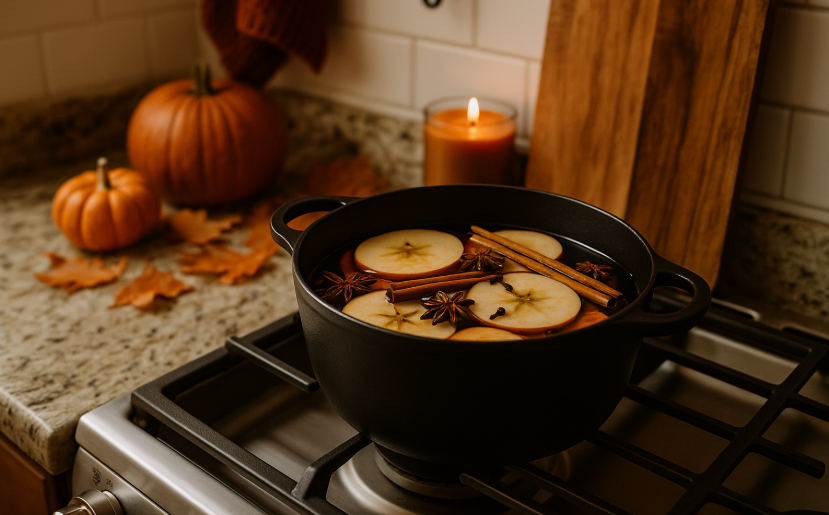 Cozy fall kitchen stovetop with a simmer pot filled with apple slices, cinnamon sticks, and cloves. Warm autumn ingredients release seasonal fragrance, creating a rustic, festive atmosphere.