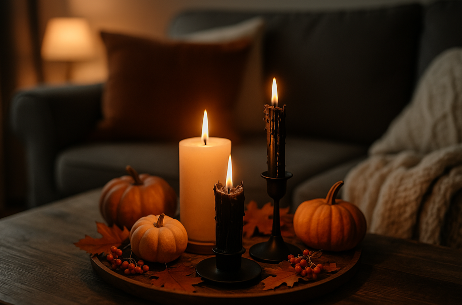 Close-up of a cozy autumn coffee table display with a cluster of lit candles, including two melted black candles in holders and one ivory pillar candle, surrounded by small pumpkins, fall leaves, and berries. A blurred sofa with warm pillows and a chunky knit throw is in the background.