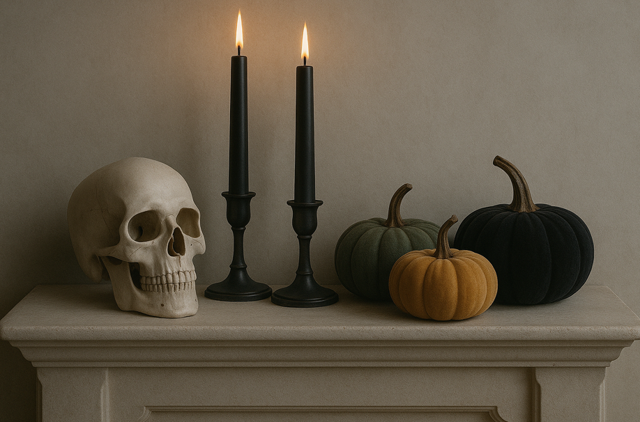 A moody Halloween mantel decorated with a realistic white skull, two black taper candles in elegant holders, and three velvet pumpkins in muted green, golden mustard, and deep black. The scene is softly lit, creating a spooky chic atmosphere with dramatic shadows.